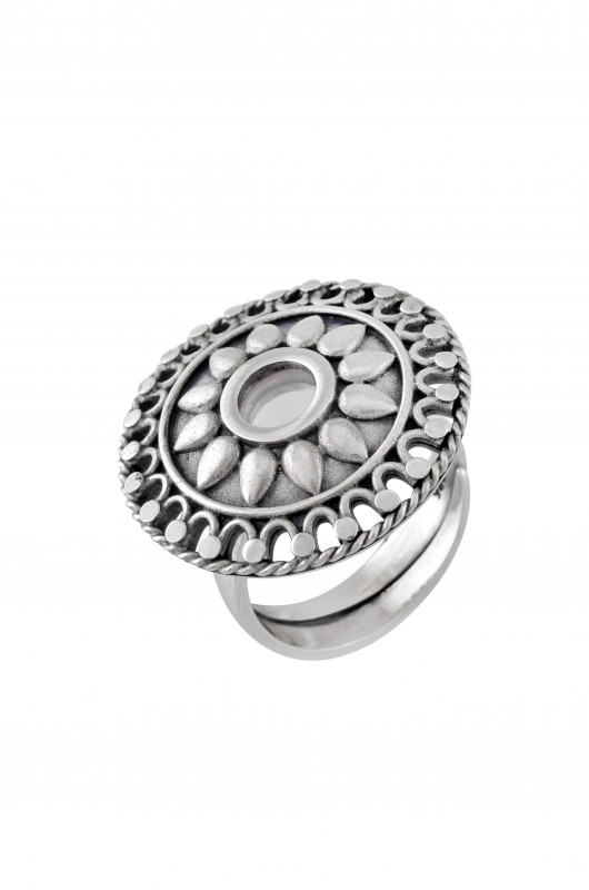 Silver Round Floral Mirror Ring