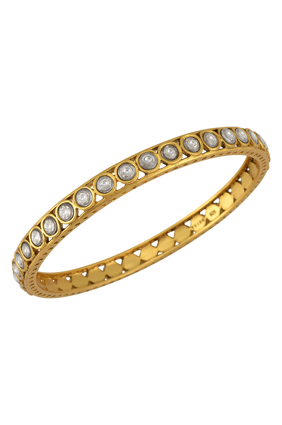 Silver Gold Plated Round Motif White Glass Bangle