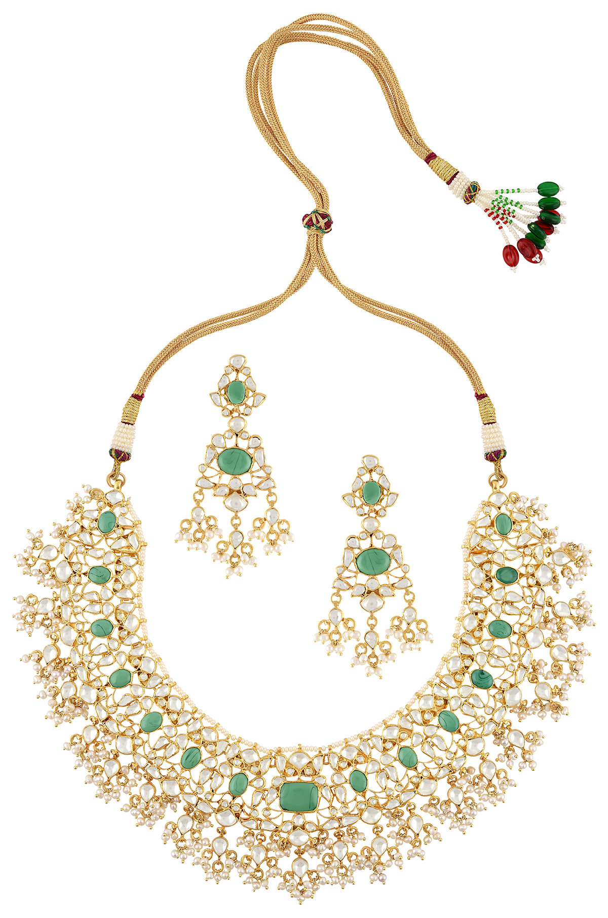 Silver Gold Plated Apsara Green White Floral Pearl Drop Necklace Set