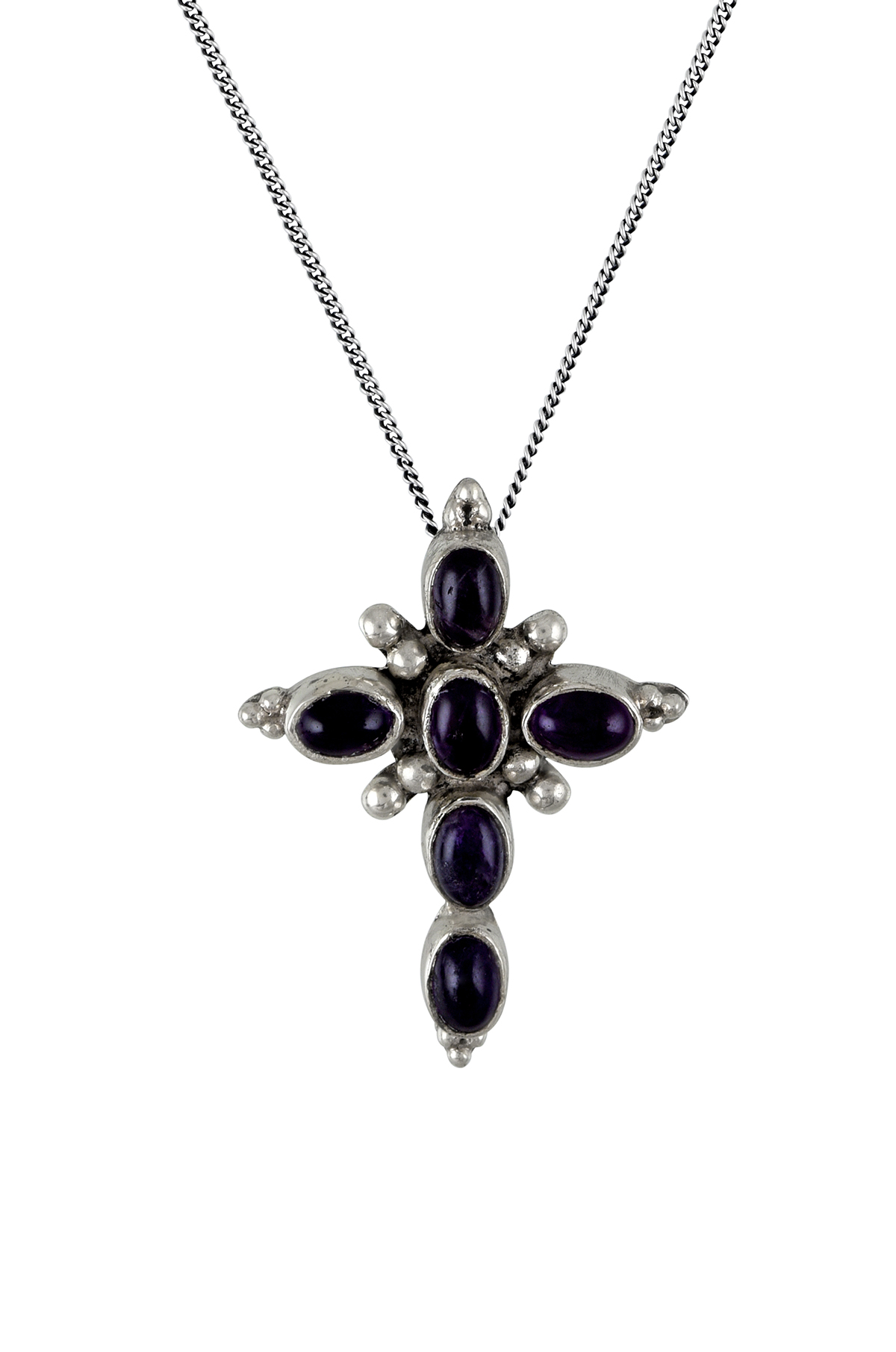 Silver Oval Amethyst Cross Pendant with Chain