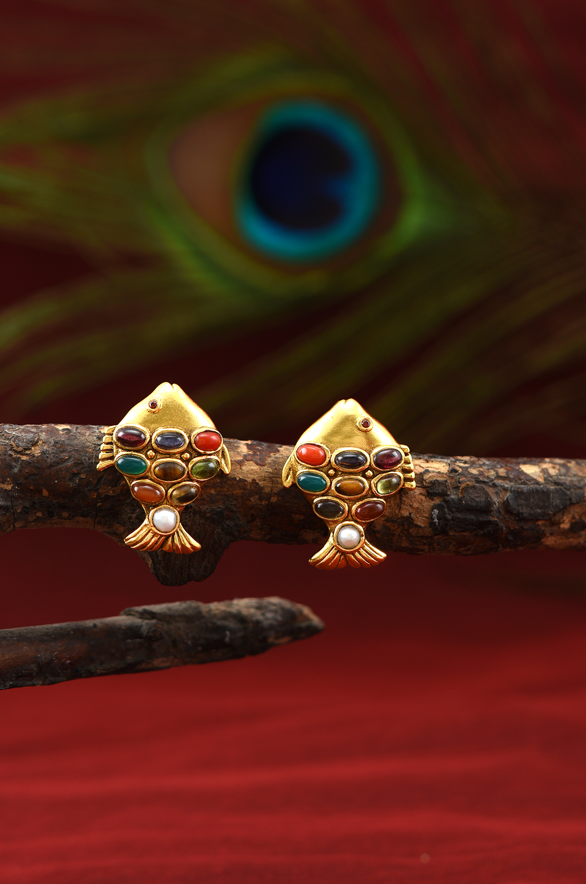 Silver Navratna Fish Earrings
